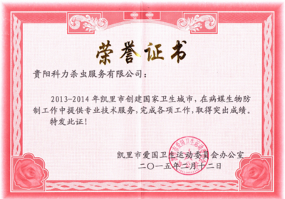 凯里市2015年巩固**卫生城市获荣誉证书